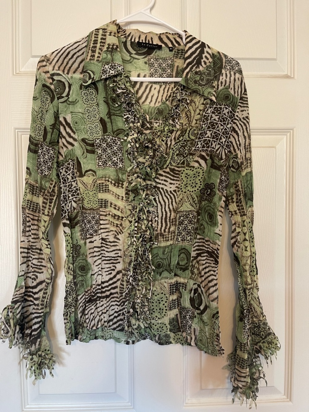 Vintage Le Caviar Y2K Green Patterned Ruffle Front Women's Blouse